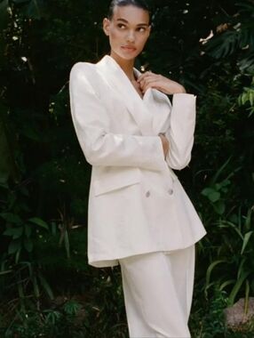 Zara White Double-Breasted Tailored Jacket